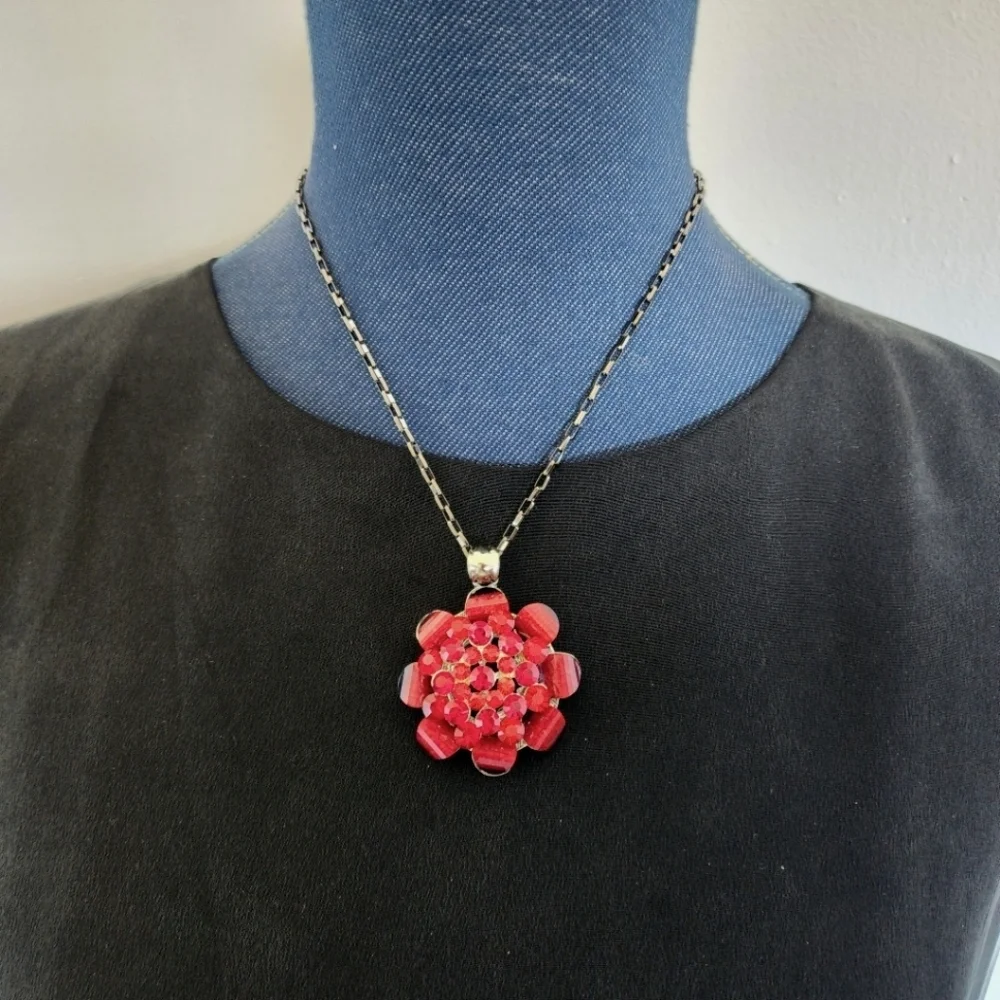 Red Glass and Crystal Flower Pendant Necklace and Matching Flower Earrings Set